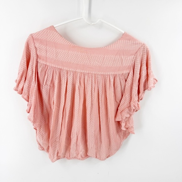 ✅ Anthropologie Maeve SMALL Nell Pink Dot Surplice Crop Ruffle Shirt Blouse - Picture 5 of 7